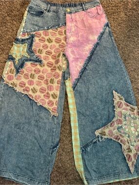 Patchwork Wide-Leg Jeans in Pink and Denim